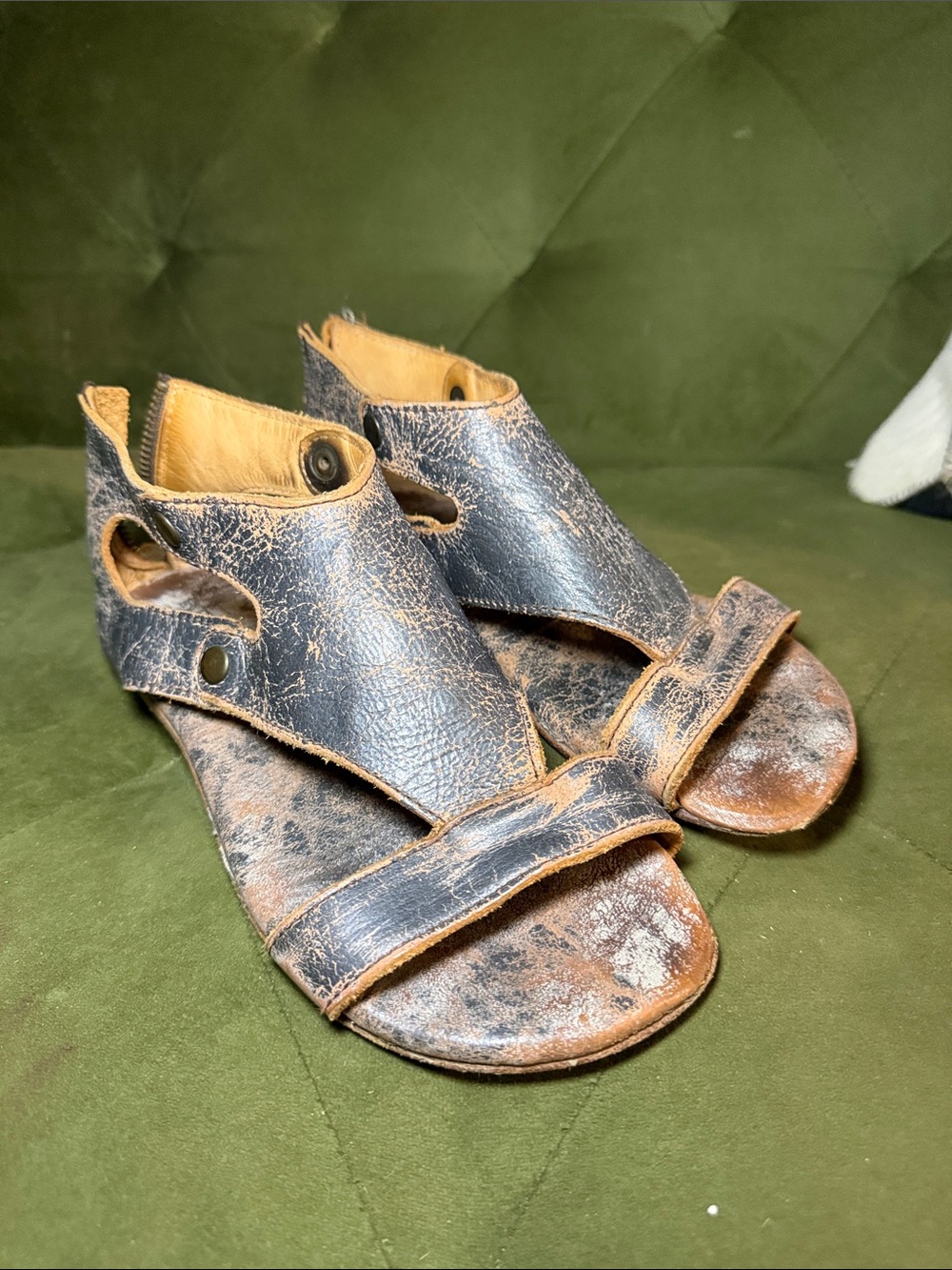 Bed Stu Black and Brown Distressed Leather Open-Toe Sandals